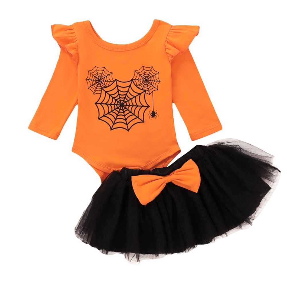 NEW PUDCOCO Halloween Spider Web Girls Onesie Tutu Tulle Skirt Outfit Size 6-9 M